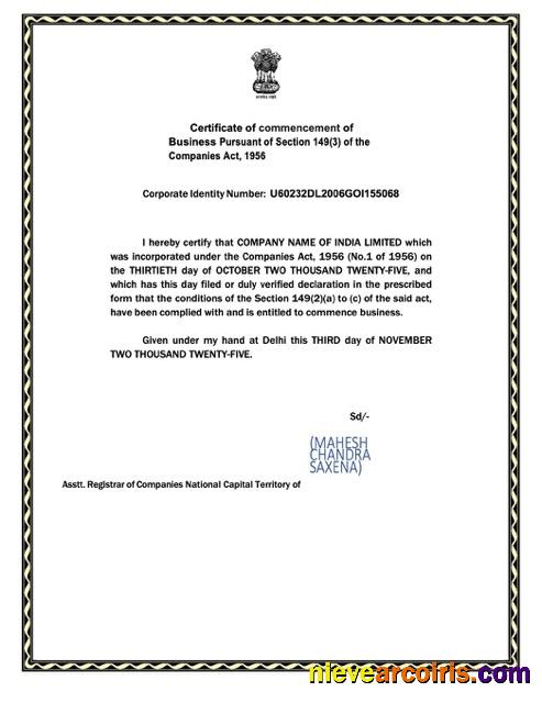 India certificate of commencement